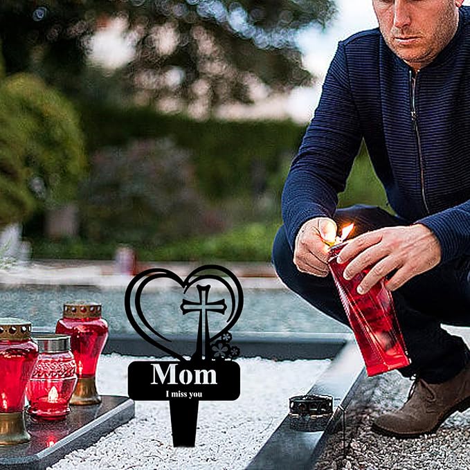 Mom Memorial Grave Stake, Cemetery Decorations for Grave Markers 12.5 x 7.2 inch Heart Metal Sympathy Stakes Graveside Plaque Decor Sign for Mother Graves, Yard, Garden - Black-Mom
