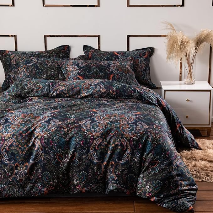 ABREEZE Luxury Vintage Black Duvet Cover Sets Damask Paisley Bedding Set Retro 100% Brushed Cotton Zipper Closure Bedding Collection Full Size