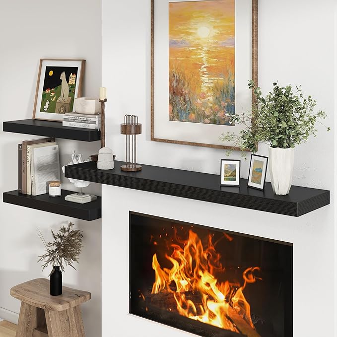 Black Floating Shelves for Wall - 55 Inch Wide x 12 Inch Deep Wall Shelves Set of 1 - Rustic Black Wood Shelves for Living Room, Bathroom, Laundry Room, Bedroom, Kitchen, Home Office