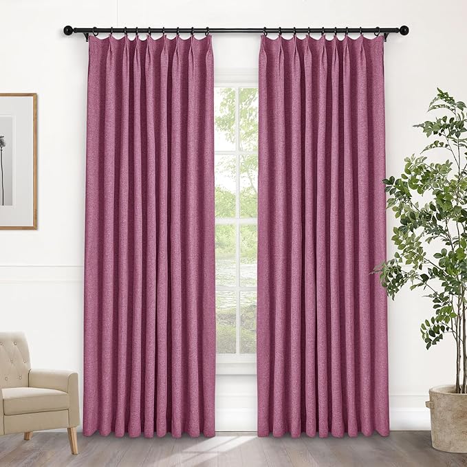 Macochico 52”Wx96”L 100% Blackout Curtains for Bedroom Living Room Nursery Lilac Pinch Pleated Linen Curtains Farmhouse Burlap Drapes Thermal Window Panels with Hooks and Tieback 1 Panel
