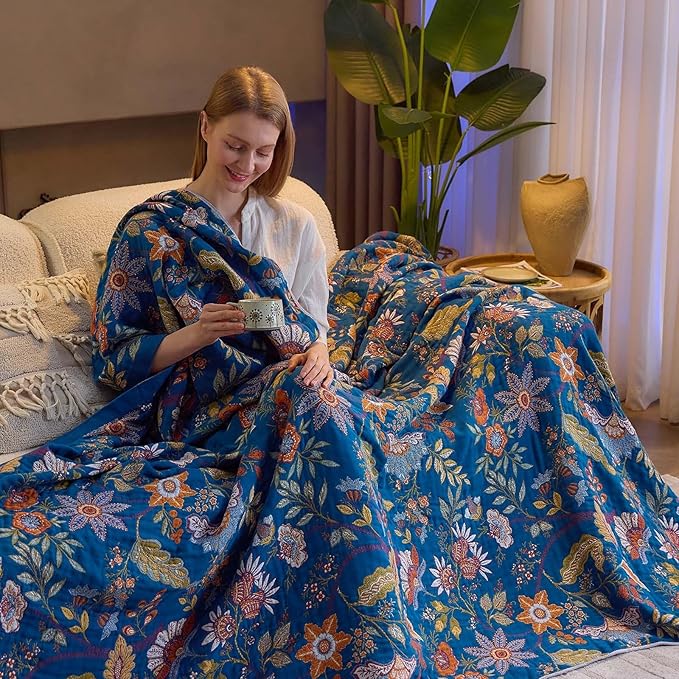 Fall Throw Blanket for Couch, Blue Boho Decorative Throw Blanket, 100% Cotton Muslin Breathable Woven Farmhouse Blankets Quilt, 50"x60" Reversible Lightweight Blankets Bohemian Throw Quilt