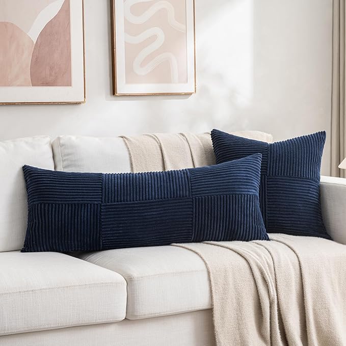 Fancy Homi Set of 2 Navy Blue Boho Long Lumbar Body Decorative Throw Pillow Cover 14x36 Inch for Bed Couch Bedroom Bench, Soft Patchwork Corduroy Textured Pillow Case, Rustic Farmhouse Room Décor