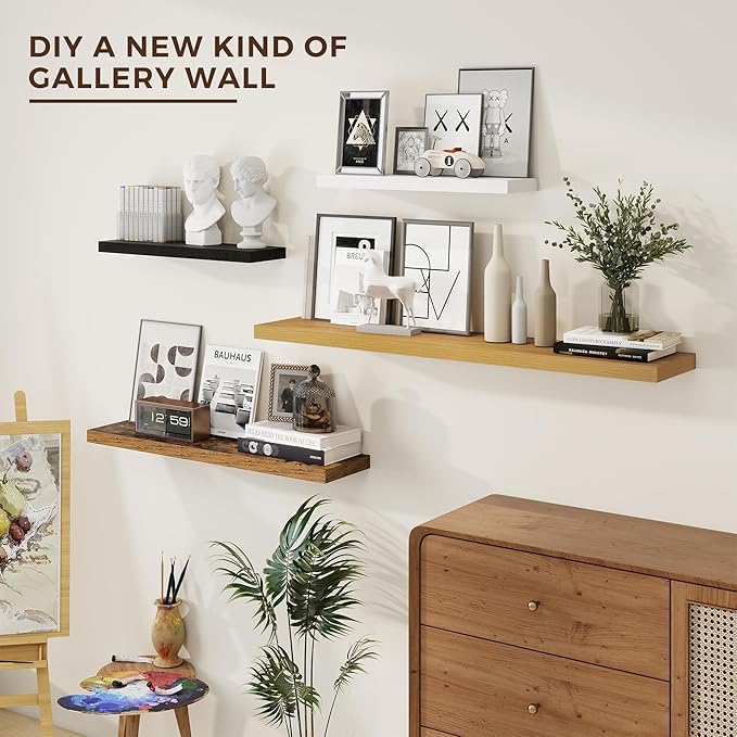 24 inch Floating Shelves Long Floating Shelves for Wall Large Wall Mounted Shelves with Invisible Brackets, Black Shelves for Bathroom, Living Room, Kitchen, Office, 24x6.7 inch deep Set of 2