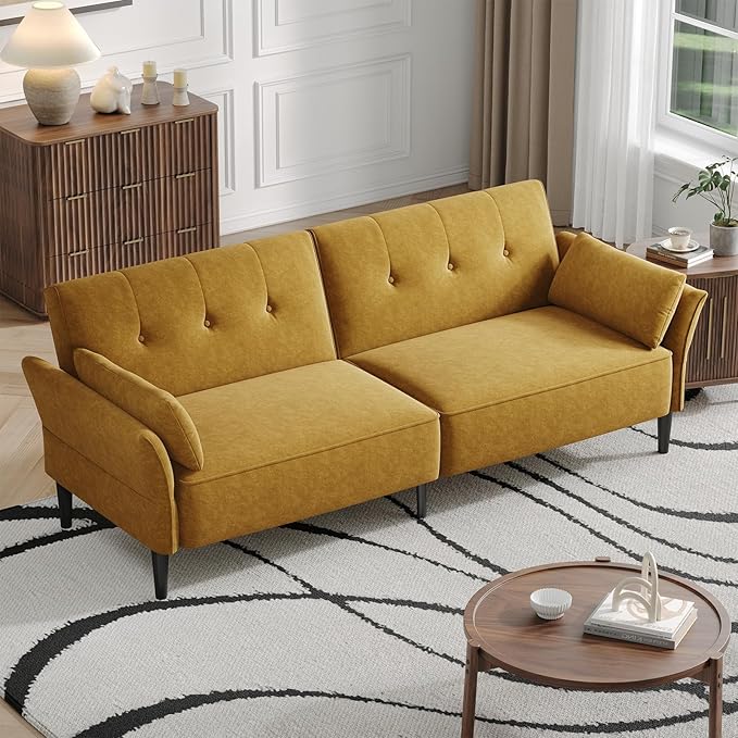 89” Futon Sofa Bed,Comfy Futon Couch Bed with 2 Square Pillows, Convertible Sleeper Sofa with Adjustable Backrest& Armrests, Modern Loveseat Sleeper for Living Room, Bedroom, Yellow