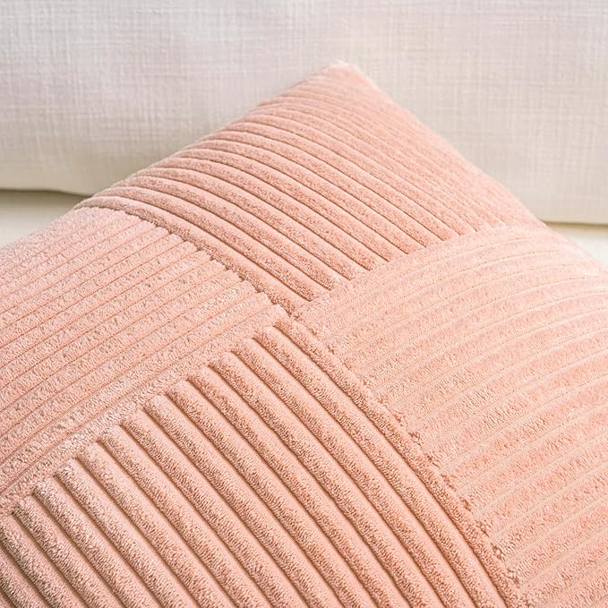Fancy Homi 2 Packs Peach Decorative Throw Pillow Covers 20x20 Inch for Living Room Couch Bed Sofa, Rustic Farmhouse Boho Home Decor, Soft Corss Corduroy Patchwork Accent Square Cushion Case 50x50 cm