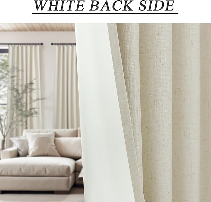 Flax Linen Curtains for Living Room 2 Panels Set 105 Inches Long Beige Thick Burlap Decorative Light Weight Blackout Curtains Soundproof Drapes Noise Cancelling Back Tab/Rod Pocket W52 x L105 Length