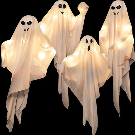 4 Pack Halloween Hanging Ghosts, 27.5 Inch with Light Up Ghost Kit for Indoor Outside Ornaments, Spooky Yard Tree Halloween Decorations Outdoor, Party Décor