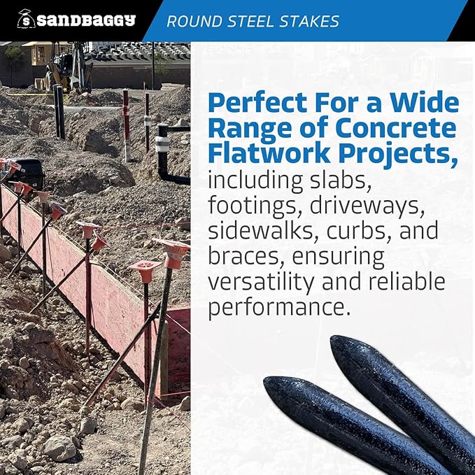 Sandbaggy Round Steel Concrete Form Stakes with Nail Holes - Rust Resistant Coating - Removable, Reusable (5, 3/4 in X 36 in)