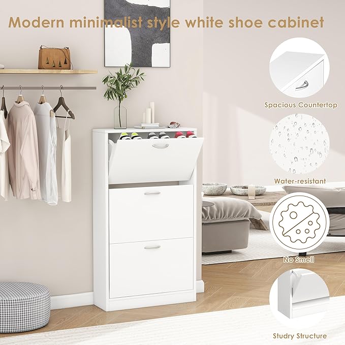 Shoe Storage Cabinet Set of 2 with 3 Flip Drawers, Narrow Shoe Cabinet Freestanding Slim Shoe Storage Organizer for Entryway, Hallway, Entrance, Bedroom, Living Room, White