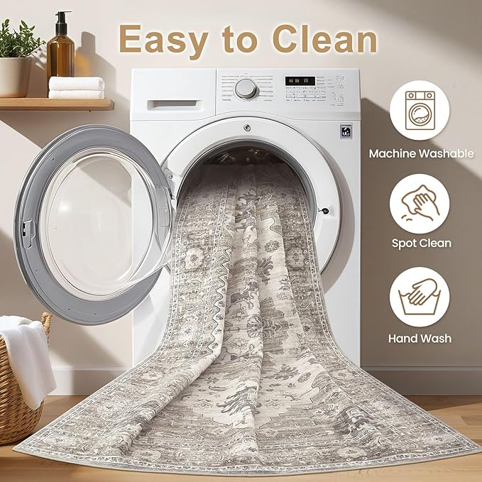 Washable Area Rugs for Living Room -8x11 Neutral Vintage Distressed Floral Farmhouse Boho Large Soft Floor Rug Indoor Non Slip Carpet for Living Room Bedroom Dining Room Office-Brown/Beige