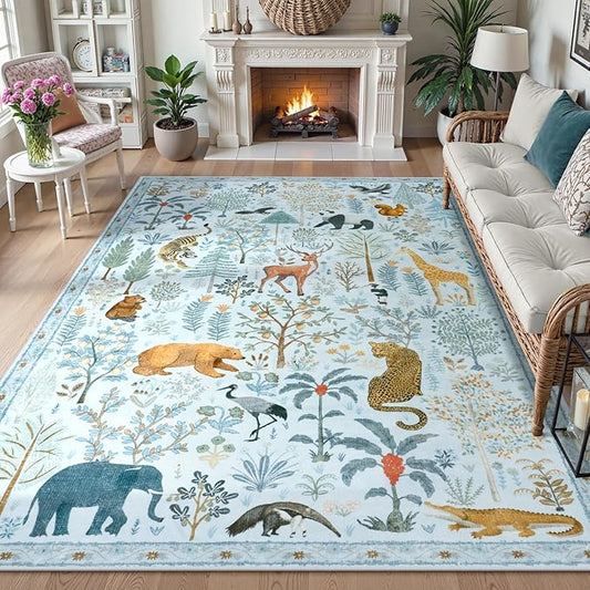OJIA Animal Print Washable Area Rug 5x7, Soft Nursery Rugs for Living Room Ultra-Thin Non-Shedding Kids Bedroom Rug, Stain Resistant Throw Rug Large Carpet for Dining Room, Light Blue