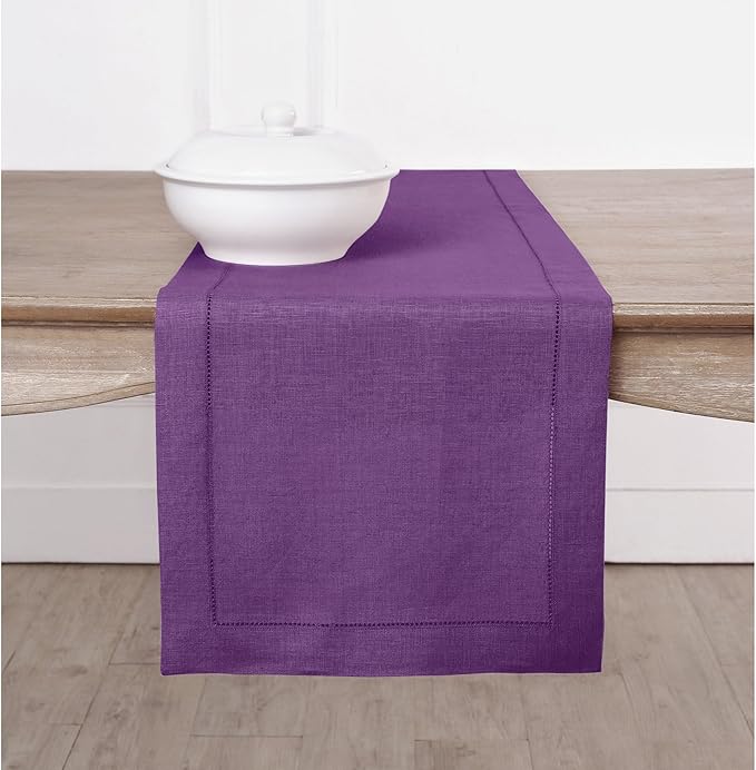 Solino Home Linen Purple Table Runner 48 Inches - Classic Hemstitch, 100% Pure Linen Coffee Table Runner 14 x 48 Inch Ideal for Dresser Tables - Fall, Autumn, Halloween, Thanksgiving
