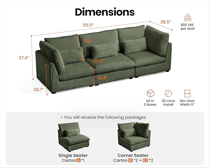 Oversized Modular Sofa, Extra Deep Cloud Corduroy Sectional Couch with Ottoman Chaise, Fluffy Chenille 3 Seater Sofa for Living Room, Villa (Basic 3 Seater, Corduroy Green)