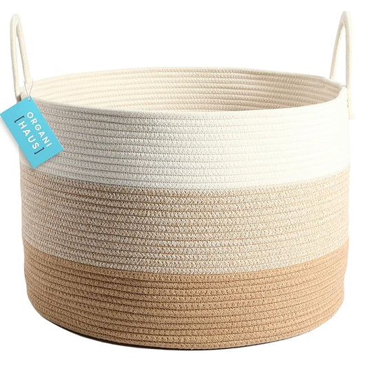 OrganiHaus Extra Large Blanket Basket for Living Room 20x13, Natural Cotton Rope Laundry Basket, Sturdy Hamper for Toy Storage, Cushions & Pillows Storage Bin, Nursery Decor Hamper - Honey