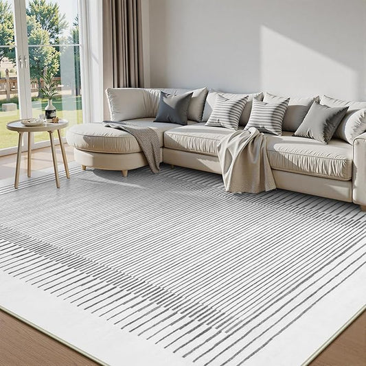 Wonnitar Striped 9x12 Rugs for Living Room, Non-Slip Soft Grey Berber Stripe Bedroom Rug, Low Pile Minimalist Floor Carpet for Dining Room Living Room Department (Grey,9' x 12')