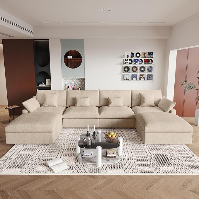 JACH U-Shaped Sectional Couches for Living Room, Cloud Sectional Couch with Deep Seat, 155.9" Modular Sofa with Chaise, Covers Removeable & Washable, Sofas Furniture for Living Room, Khaki