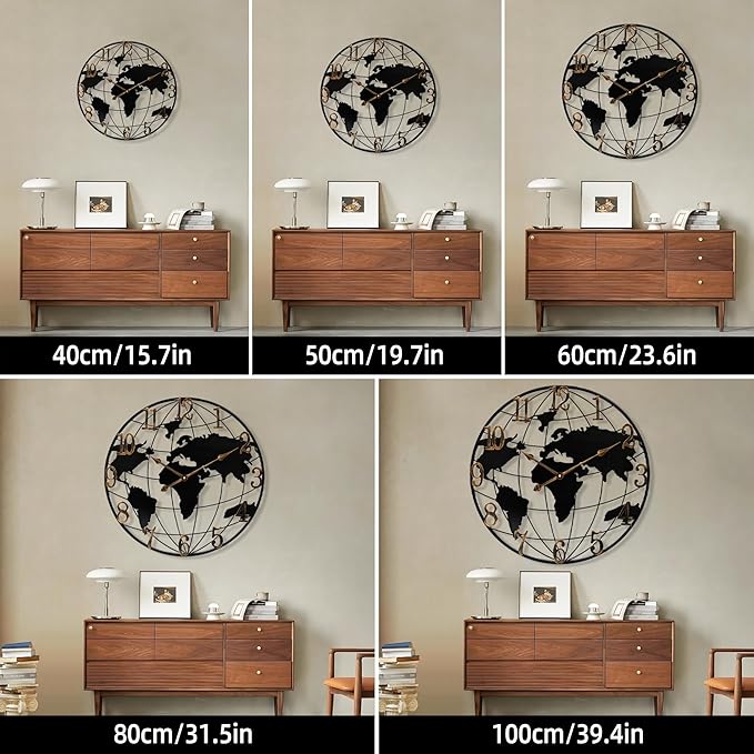 Large Wall Clock - 24 Inch World Map Minimalist Modern Round Metal Wall Clock Silent Non-Ticking Battery Operated Wall Clocks for Living Room Kitchen Office Farmhouse Home Decor