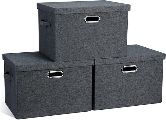 Large 17" 36 Quart Collapsible Stackable Storage Bins with Lids, 3 Packs Dark Gray Foldable Fabric Closet Storage Boxes with Lids, Heavy-duty Linen Cube Baskets(17x12x11)