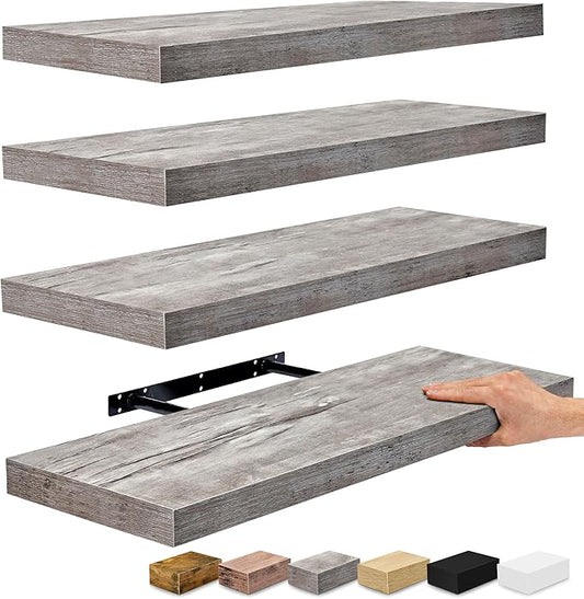 Sorbus Floating Shelves for Wall - 24" Bathroom Shelves, Wall Decor for Bedroom, Kitchen, Living Room, Home Decor & Book Storage - Mounted Floating Shelf with Invisible Brackets (Gray, 4 Pack)