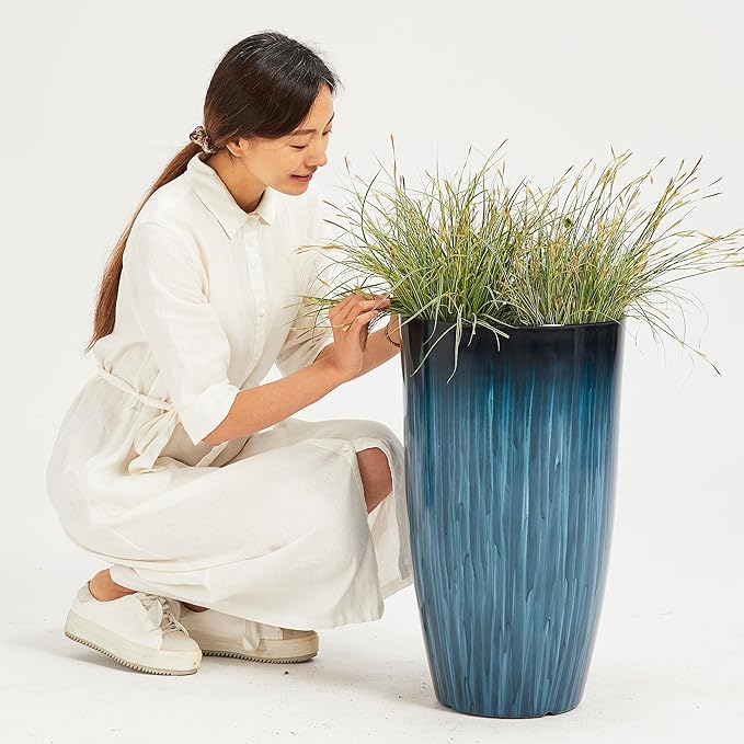 Worth Garden 23.5" H. Large Plastic Planters - Set of 2 Gradient Blue Glossy Smooth Finish - Tall Plant Pots for Indoor & Outdoor Use - Decorative Lightweight Flower Pot for Front Porch, Patio, Deck
