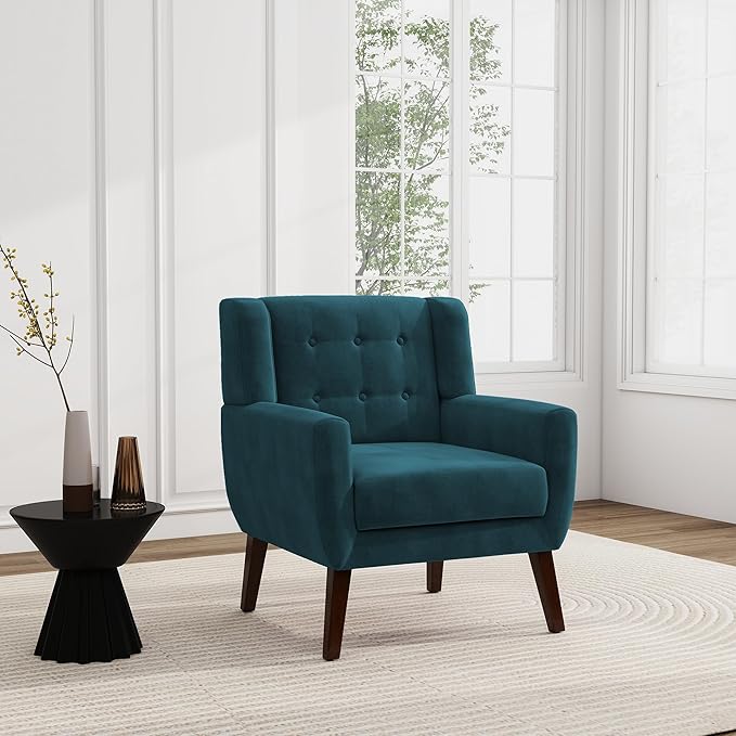 UIXE Accent Chair, Velvet Upholstered Armchair for Living Room, Modern Club Arm Chairs Comfy Single Sofa Button Tufted Bedroom Reading Seat - Blue, Set of 1