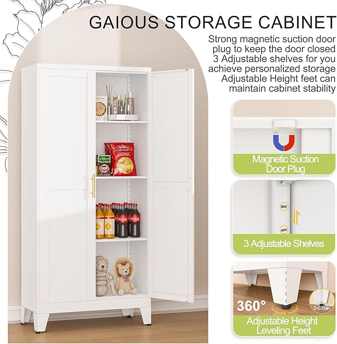 Metal Pantry Cabinet, Kitchen Pantry Storage Cabinets with 2 Door and 3 Adjustable Shelves, White Kitchen Pantry Cabinet, Freestanding Cupboard for Dining Room Living Room Bathroom