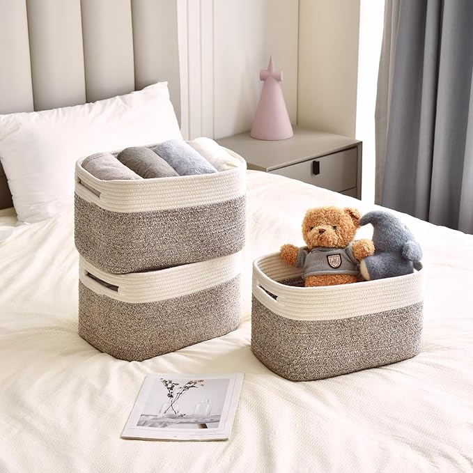 Storage Basket,Woven Baskets for Storage,Cotton Rope Baskets for Organizing,book Basket,towel,Toy Basket or Storage Bins for Living Room - 3 Pack,Brown