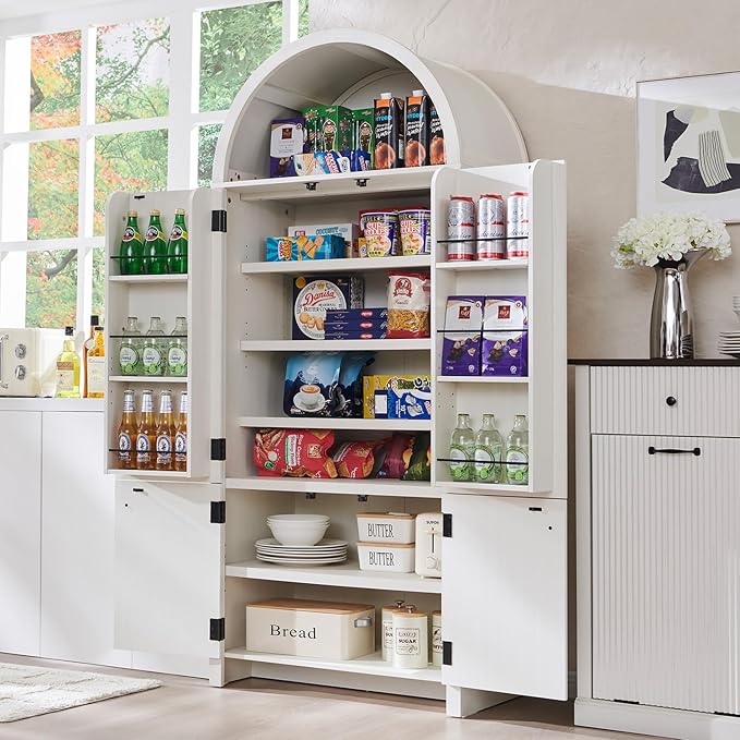 71" Tall Arched Bathroom Storage Cabinet, Modern Fluted Storage Cabinet w/Doors, 3 Adjustable Shelves, 6 Door Shelves, Wood Freestanding Cabinet for Bathroom, Entryway, Hallway, Antique White