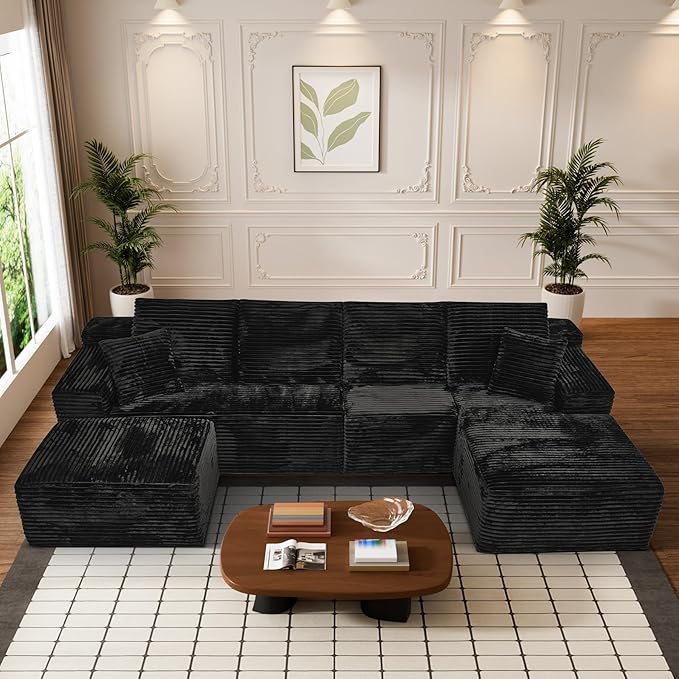 Modular Sectional Sofa Cloud Sectional Couch, 135" Comfy Fluffy U Shaped Black Couches for Living Room, Deep Seat Memory Foam Plush Corduroy Boneless Couch Sectionals with Right Facing Chaise Sofa