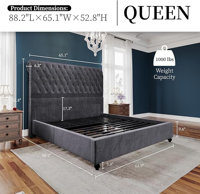 PaPaJet King Size Bed Frame and Headboard Upholstered Bed Frame King with 52.8” Tall Headboard/Dark Grey