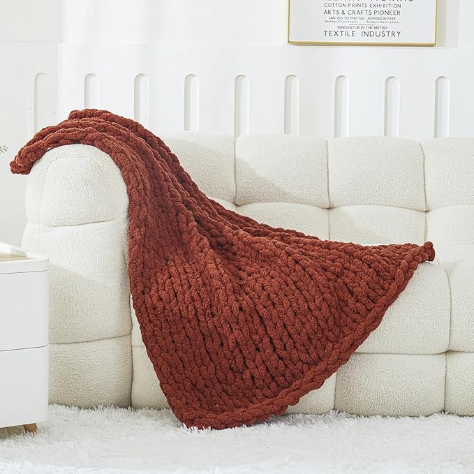 WESHIONGOO Chunky Knit Blanket Throw　40"*40“ Knitted Throw Blankets for Couch Bed Fluffy Soft Blanket with Jumbo Chenille Yarn Thick 100% Handmade(Ｒｕｓｔ)