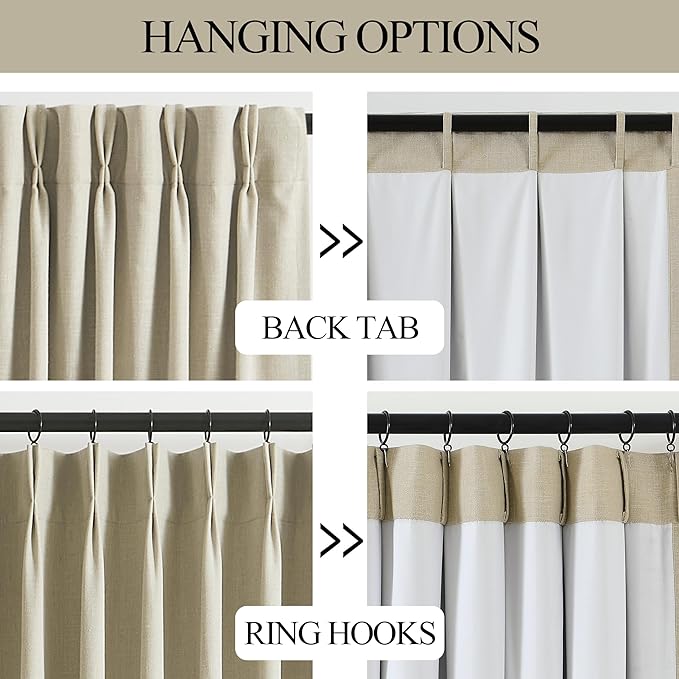 Vision Home Sand Pinch Pleated Full Blackout Curtains Linen Blended Room Darkening Window Curtains 108 inch for Living Room Bedroom Thermal Insulated Pinch Pleat Drapes with Hooks 40" Wx108 Lx2