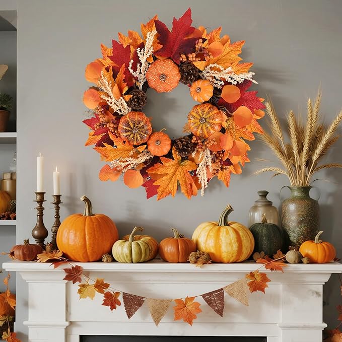 20 Inch Thanksgiving Fall Wreath, Berries Pumpkins Maple Leaves Pine Cones Autumn Wreaths with Hook for Front Door, Fall Decor, Porch Wall Home Outdoor Holiday Decorations Wreath for Autumn