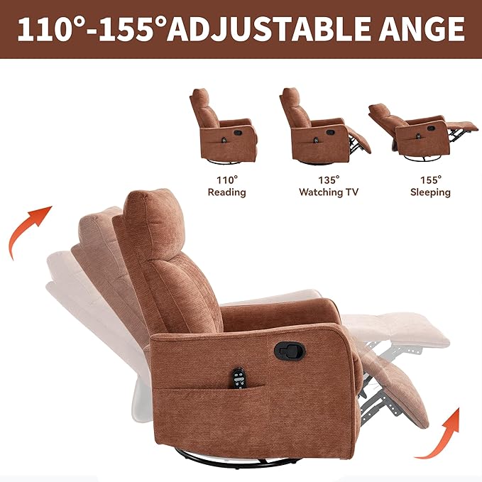 Manual Swivel Rocker Recliner Chair for Adults, Overstuffed Reclining Glider Chair for Nursing with Vibration Massage & Heat, Living Room Rocking Recliner 2-Stage backrest, Chenille Fabric Orange