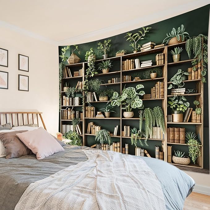 HVEST Green Plant Bookshelf Tapestry Book on Bookshelf and Plant Potted Tapestry Wall Hanging Reading Wall Decor for Study Room Bedroom Living Room College Dorm, 60L x 80W Inches