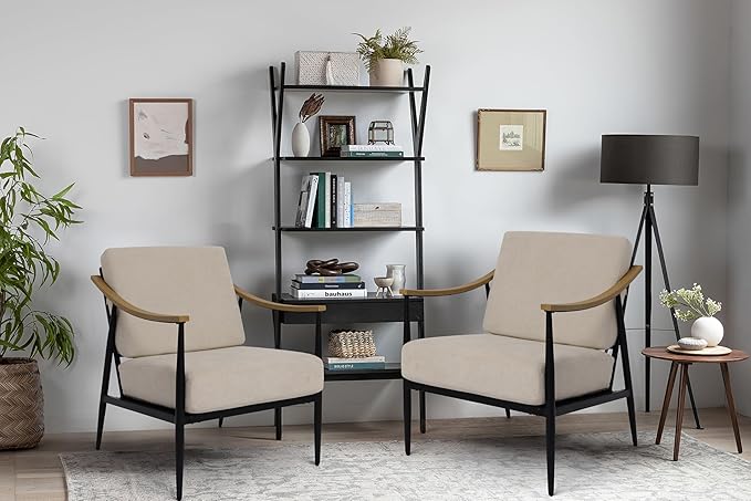 Modern Accent Chair for Living Room Bedroom Mid Century Arm Chair Upholstered Office Accent Chair Comfy Waiting Room Chair with Metal Frame, Beige