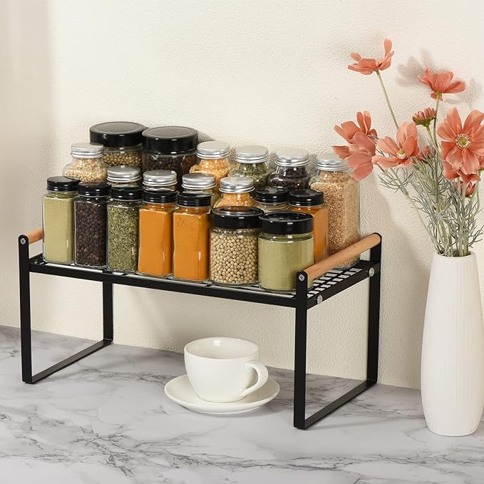 PATIKIL Kitchen Cabinet Shelf Organizer, Wood Counter Shelf Stackable Storage Shelf For Cupboard, Pantry, Corner, Under Sink - Black