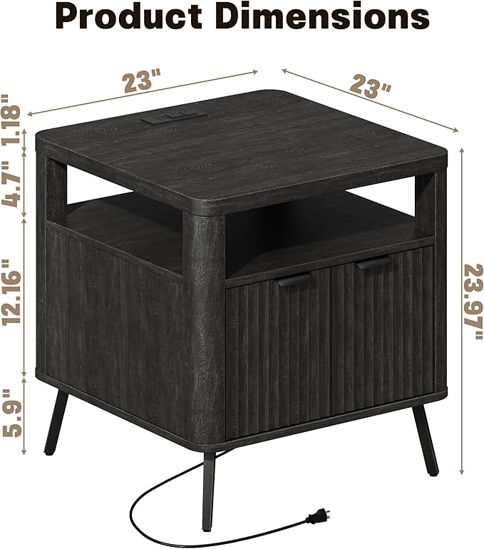 Nightstand with Charging Station, 24" End Table Side Table with Open Shelf, Modern Large Wood Fluted Bedside Cabinet for Bedroom, Living Room, Black