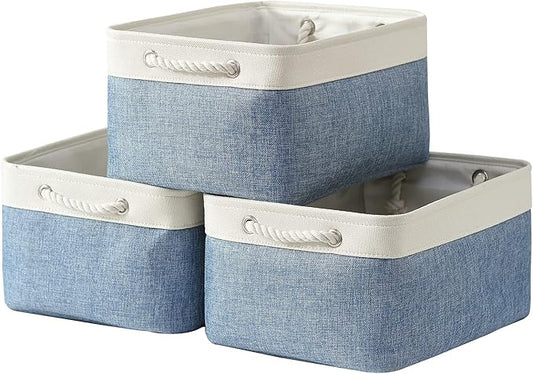 TcaFmac Storage Bins for Organization - Large 3 Pack Canvas Storage Basket for Shelves with Handles, Collapsible Baskets for Organizing for Closet Dog Laundry (White & Blue16x12x8 inch)