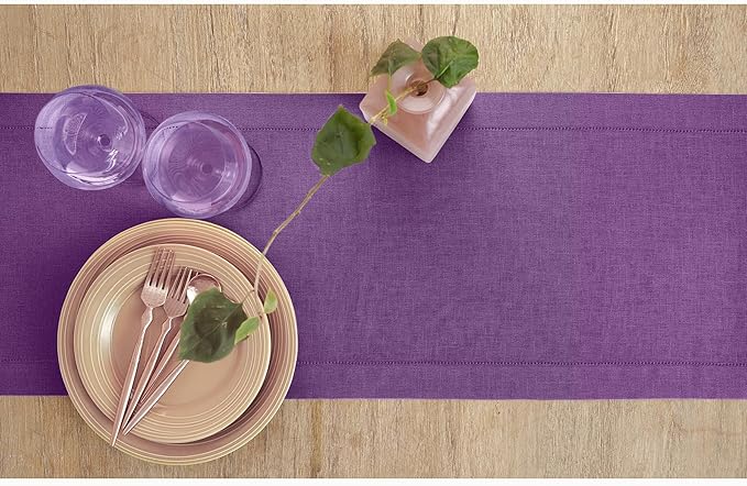 Solino Home Linen Table Runner 120 Inches Long - Classic Hemstitch 100% Pure Linen Purple Dining Table Runner 14 x 120 Inch for Fall, Autumn, Halloween, Thanksgiving