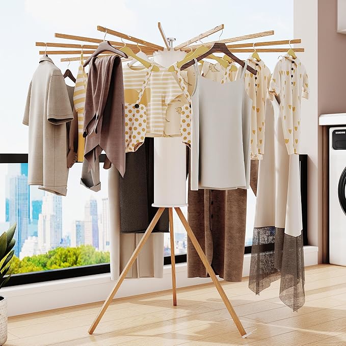 Clothes Drying Rack Tripod,Drying Rack Clothing,Laundry Drying Rack,Floor Standing,16 Wooden Poles,Collapsible Drying Racks for Laundry,Retractable,Foldable,Folding