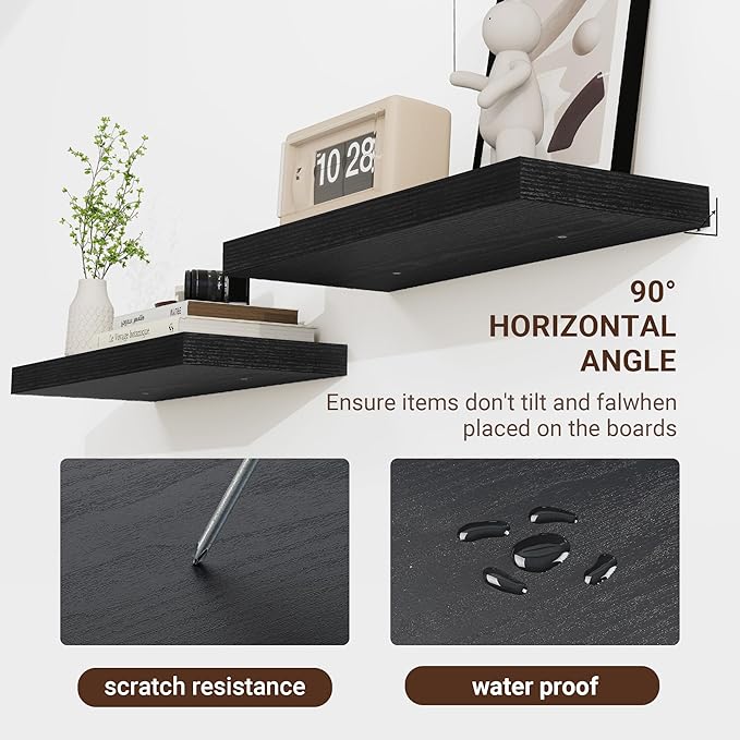 36 Inch Floating Shelves, 36"x9.25"x1.5" Inch Deep Floating Shelves for Wall, Wooden Shelves for Bathroom, Bedroom, Living Room, Black