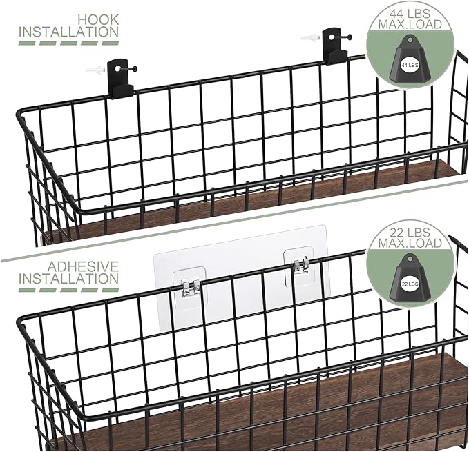 Wall Hanging Baskets 3 Pack, Extra Large Diversified Wire Basket Shelves of Wooden Style, with Wall Mounted Hooks & Traceless Stickers, for Kitchen Coffee Bar Office Room Garage Storage Organization