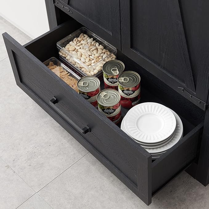 Farmhouse Kitchen Pantry Cabinet - 72" Tall Large Wood Kitchen Storage Cabinets with Adjustable Shelves & 2 Barn Doors & Drawer, Versatile Storage for Dining Room, Bathroom, Living Room, Antique Black
