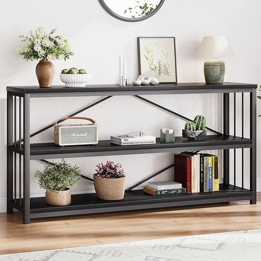 LVB Black Entryway Table, Modern Extra Long Sofa Console Table, Metal Wood Narrow Hallway Table with Storage Shelves, Industrial Skinny Foyer Couch Tables for Living Room Bedroom, Black Oak, 70 Inch