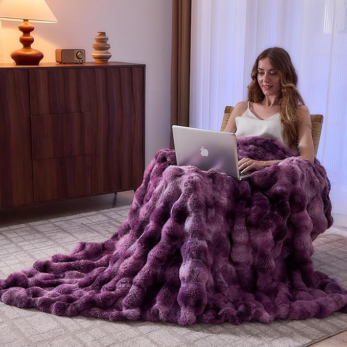 Lotus Karen Faux Fur Throw Blanket Tie-dye Violet - Big Bubble Rabbit Fluff Blanket for Couch Bed Sofa,Softest Fluffy Fuzzy Cozy Blanket,Thick Furry Plush Shaggy Warm Blankets for Women,90x90 Inches
