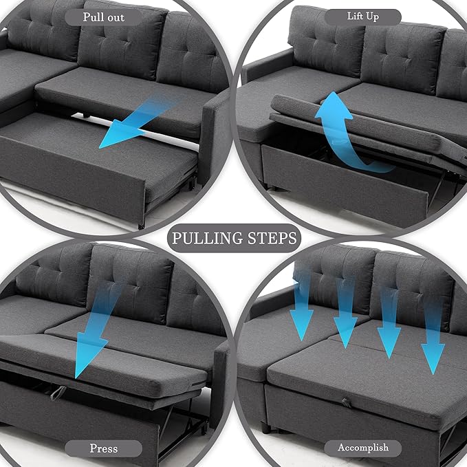 Pull Out Couch, Oversized Sleeper Sofa Couch, Sectional Sleeper Sofa Bed for Living Room Bedroom Lounge (Grey, 110 Inch)