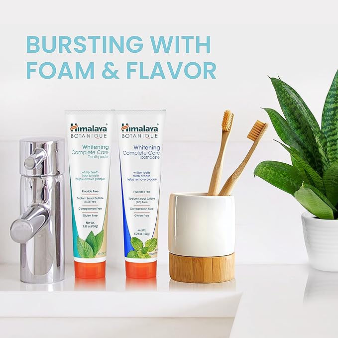 Himalaya Botanique Whitening Complete Care Toothpaste, Mint and Peppermint Flavors - Whitening Toothpaste Without Fluoride for Brighter Teeth & Fresh Breath - Vegan, Gluten Free, 5.29 oz (Pack of 2)