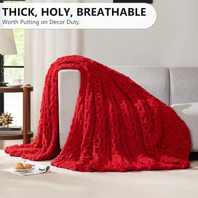 L'AGRATY Chunky Knit Blanket Throw - Soft Chunky Throw Blanket 40x50: 100% Hand Kintted Chenile Crochet Blanket Large Cable Knit Chunky Blanket - Rope Knot Throw Blanket for Couch Home Decor(Red)