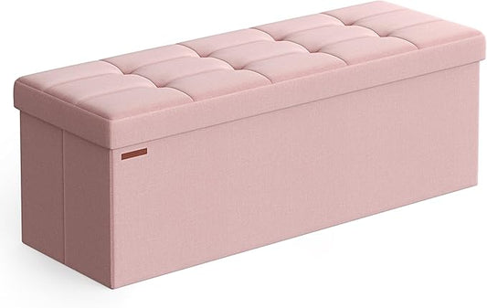 SONGMICS MAZIE Collection - 43 Inches Folding Storage Ottoman Bench, Ottoman Foot Rest, End of Bed Bench, Storage Chest, Load 660 lb, for Living Room, Bedroom, Entryway, Jelly Pink ULSF077R11